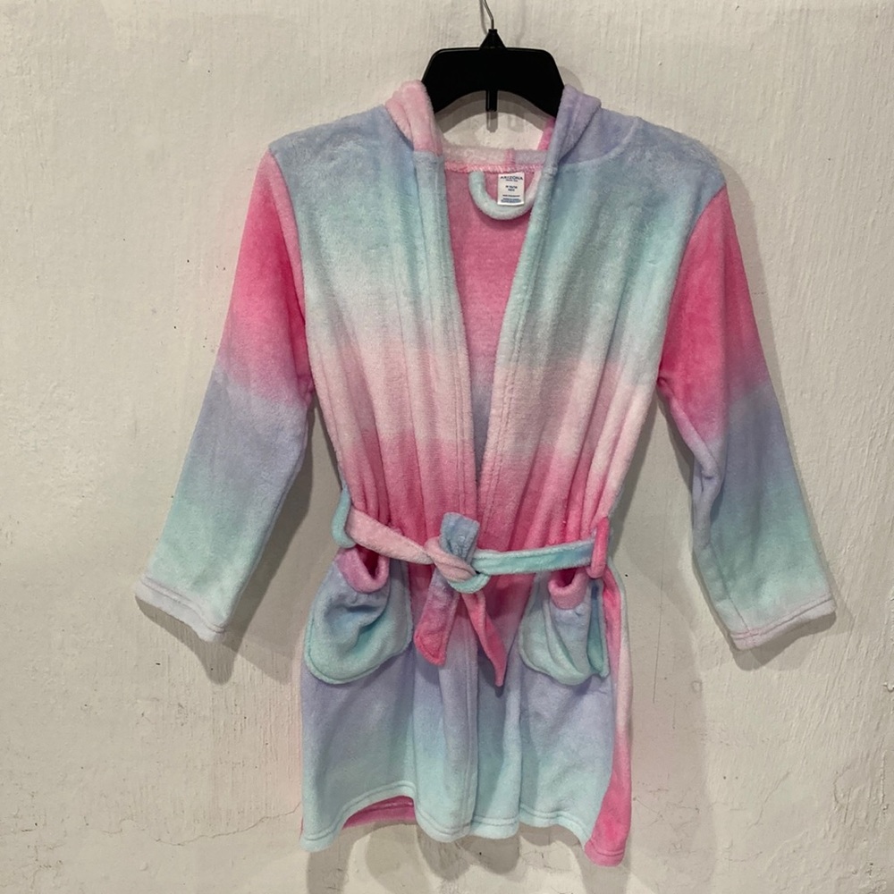 Arizona, medium (10/12), multicolored robe with unicorn hood.